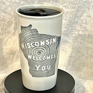 Starbucks Travel Tumbler Cup Ceramic 12 Oz Wisconsin Welcomes You W/ LID, Label